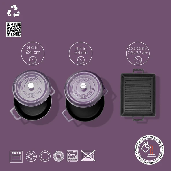 Lava Döküm 6X Trendy Serisi Döküm Demir Tencere Tava Çeyiz Seti  Mor - Resim 5