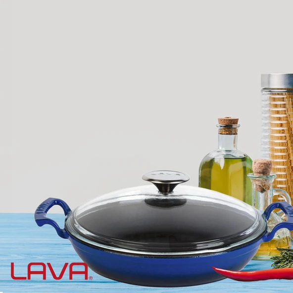 Lava Döküm Yuvarlak Sahan Cam Kapaklı Döküm Demir Yekpare Çift Kulplu Çap(Ø)24cm.  Mavi - Resim 7