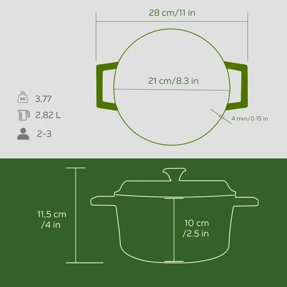 Lava Döküm Yuvarlak Tencere Döküm Demir Yekpare Kulplu Premium Serisi Çap(Ø)20cm.  Yeşil - Resim 5