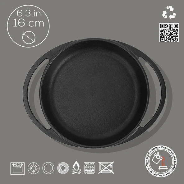 Lava Döküm Yuvarlak Sahan Döküm Demir Yekpare Çift Kulplu Çap(Ø)16cm. - Resim 4