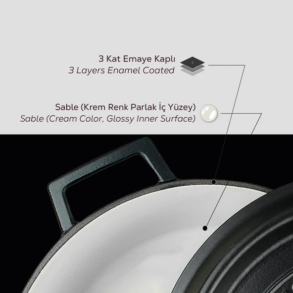 Lava Döküm Yuvarlak Tencere Döküm Demir Yekpare Kulplu Edition Serisi Çap(Ø)28cm.  Siyah - Resim 6