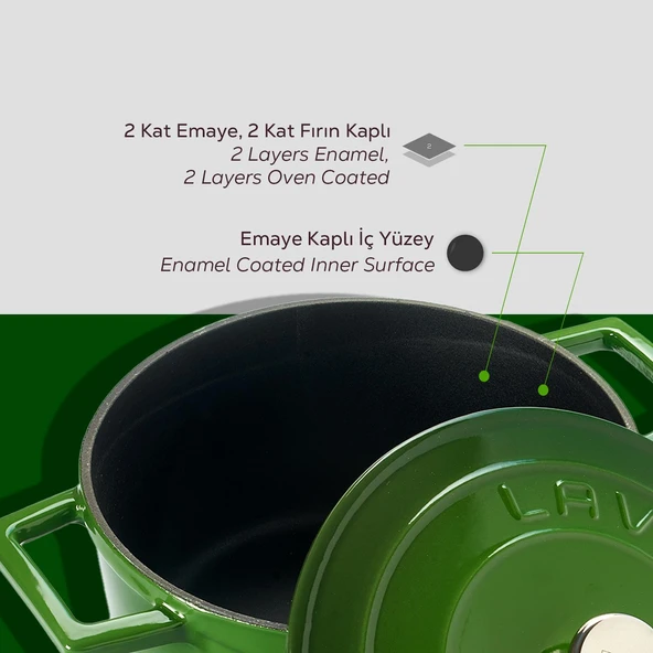 Lava Döküm Yuvarlak Tencere. Folk Çap(Ø)20cm.  Yeşil - Resim 6