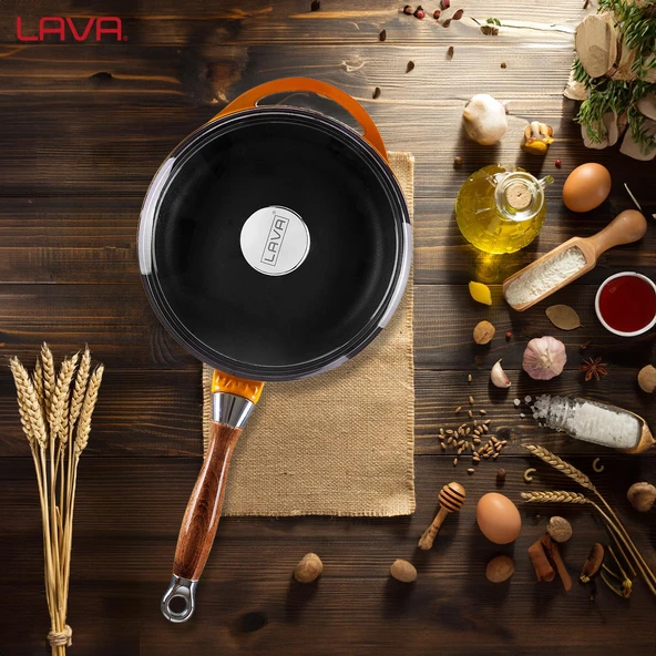 Lava Döküm Yuvarlak Kızartma Tavası Cam Kapaklı Döküm Demir Sök - Tak Ahşap Sap Çap(Ø)24cm  Turuncu - Resim 6