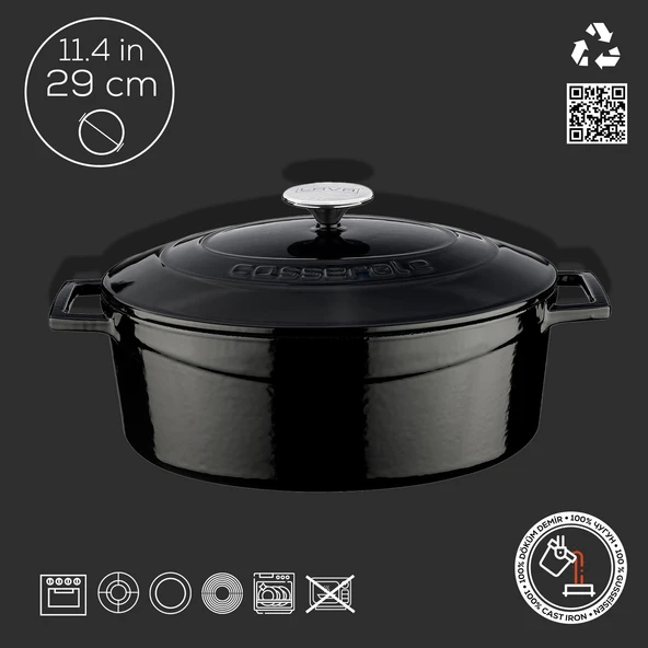 Lava Döküm Oval Tencere. Folk Serisi Ölçü 23x29cm.  Siyah - Resim 4