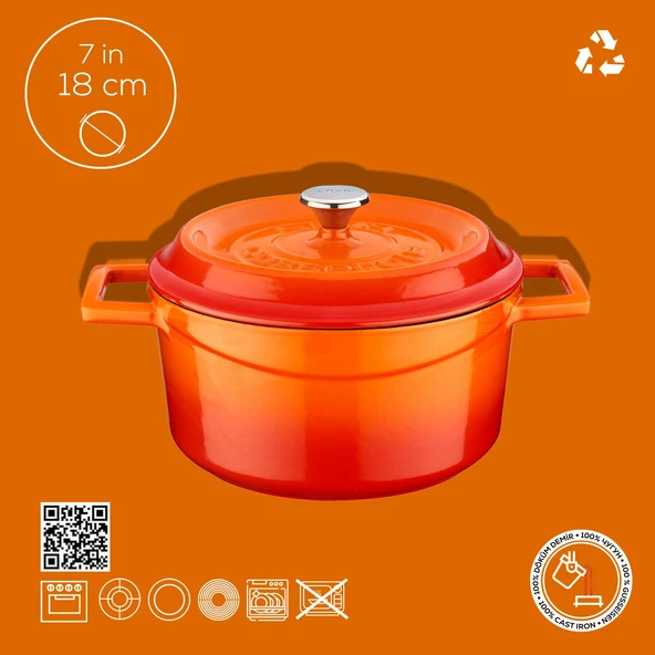 Lava Döküm Yuvarlak Tencere. Trendy Çap(Ø) 18cm.  Turuncu - Resim 3