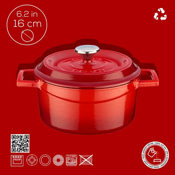 Lava Döküm Yuvarlak Tencere. Trendy Çap(Ø) 16cm.  Kırmızı - Resim 3