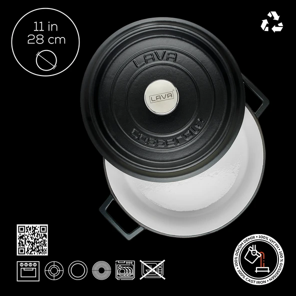Lava Döküm Yuvarlak Tencere Döküm Demir Yekpare Kulplu Edition Serisi Çap(Ø)28cm.  Siyah - Resim 4