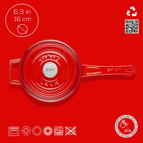 Lava Döküm Yuvarlak Sos Tenceresi Döküm Demir Yekpare Saplı Edition Serisi Çap(Ø16cm.  Kırmızı - Resim 4