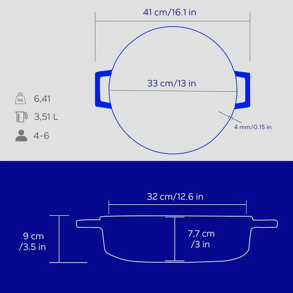 Lava Döküm Çok Amaçlı Yayvan Tencere Döküm Demir Yekpare Kulplu Edition Serisi Çap(Ø)32cm.  Mavi - Resim 5