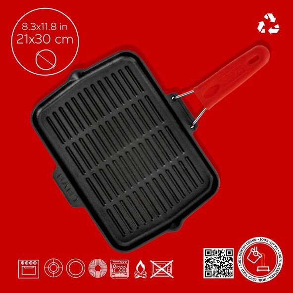 Lava Döküm Dikdörtgen Sığ Izgara Tavası Silikon Tel Saplı Ölçü 21x30cm  Kırmızı - 6