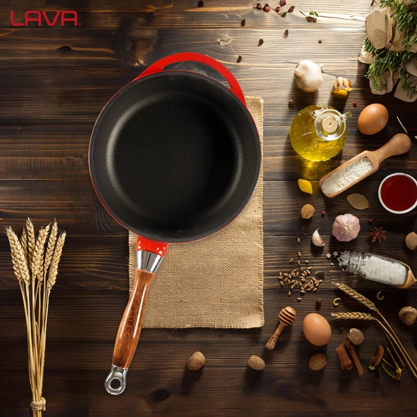 Lava Döküm Yuvarlak Kızartma Tavası Döküm Demir Sök - Tak Ahşap Sap Çap(Ø)24cm Kırmızı - 7