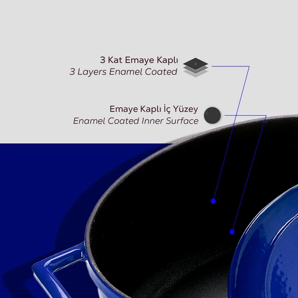 Lava Döküm Yuvarlak Tencere. Folk Çap(Ø)28cm.  Mavi - Resim 6