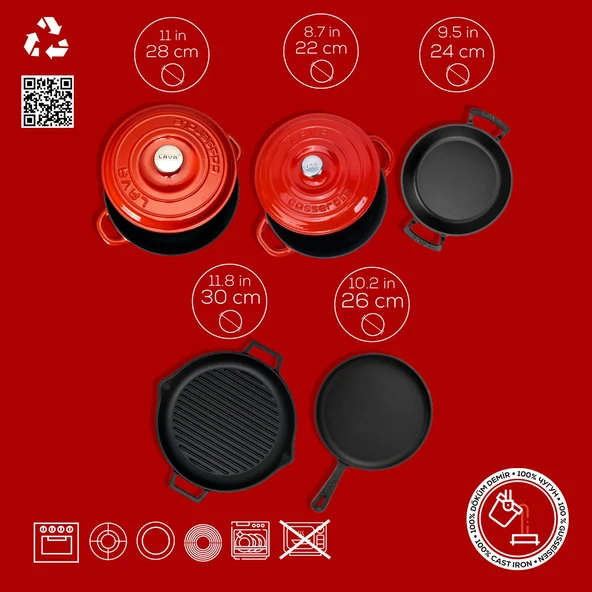 Lava Döküm 5x Trendy Serisi 8 Parça Tencere & Tava Seti  Kırmızı - Resim 5