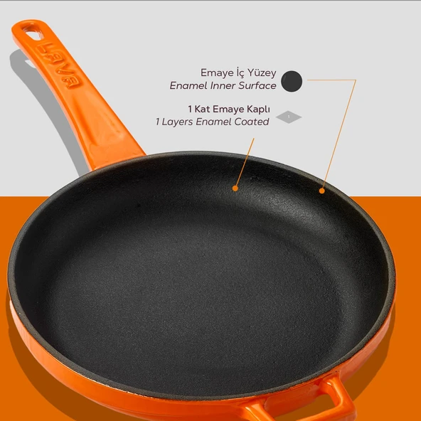 Lava Döküm Yuvarlak Kızartma Tavası Döküm Demir Yekpare Saplı  Çap(Ø)20cm.  Turuncu - 6
