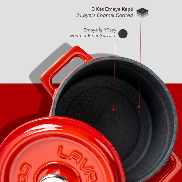 Lava Döküm Yuvarlak Tencere. Trendy Çap(Ø) 14cm.  Kırmızı - Resim 5