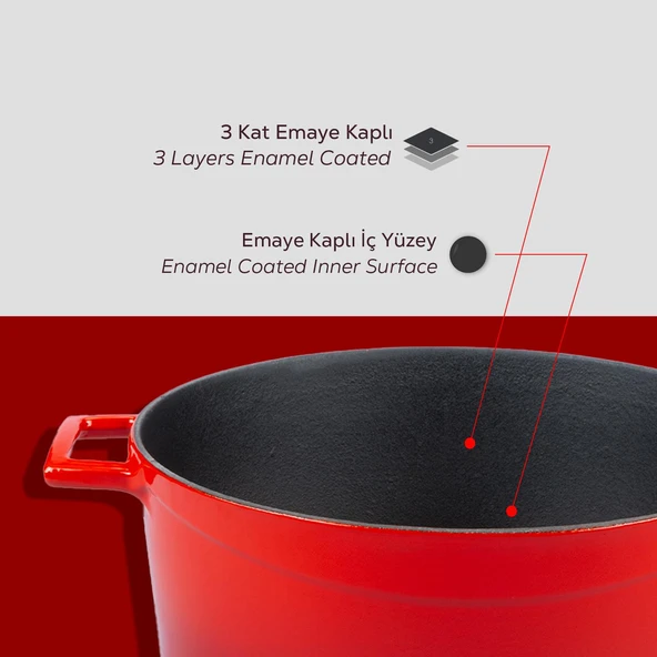 Lava Döküm Yuvarlak Tencere Cam kapaklı. Glaze Çap(Ø)24cm.  Kırmızı - 6