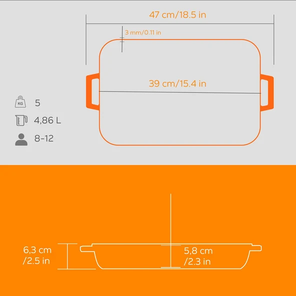 Lava Döküm Dikdörtgen Rosto ve Fırın Tepsisi Döküm Demir Yekpare Çift Kulplu Edition Serisi Ölçü 26x40cm. Turuncu - 5