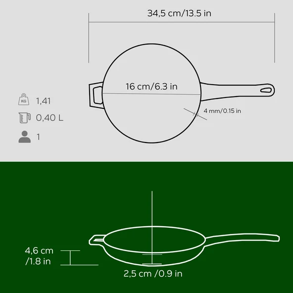 Lava Döküm Yuvarlak Kızartma Tavası Döküm Demir Yekpare Saplı Çap(Ø)16cm.  Yeşil - Resim 5