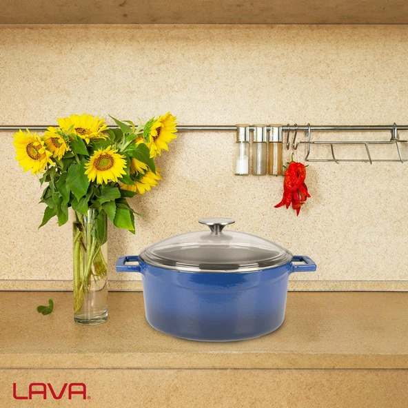 Lava Döküm Yuvarlak Tencere Cam kapaklı. Glaze Çap(Ø)24cm.  Mavi - Resim 7