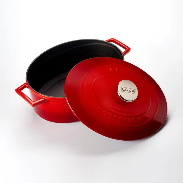 Lava Döküm Oval Tencere. Folk Serisi Ölçü 23x29cm.  Kırmızı - Resim 3