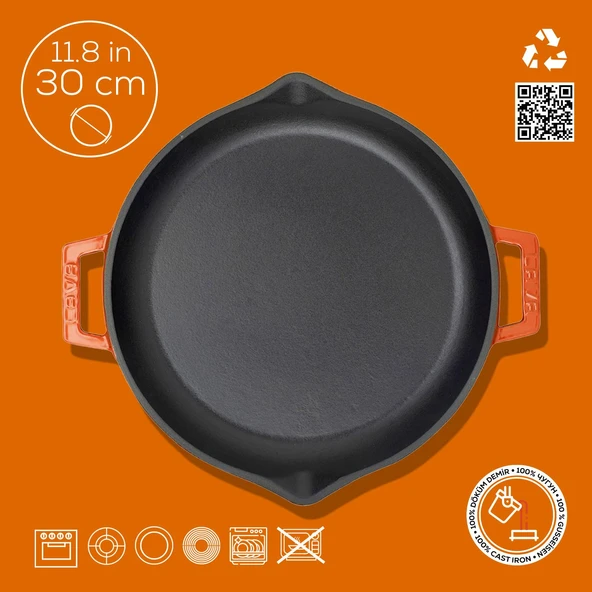 Lava Döküm Yuvarlak Kızartma Tavası Döküm Demir Yekpare Çift Kulplu Çap(Ø)30cm.  Turuncu - 4