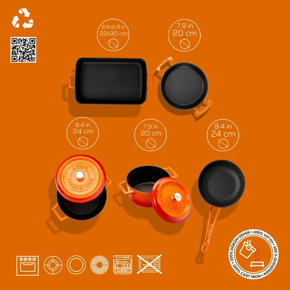 Lava Döküm 5x Trendy Serisi 8 Parça Tencere & Tava Seti  Turuncu - Resim 3