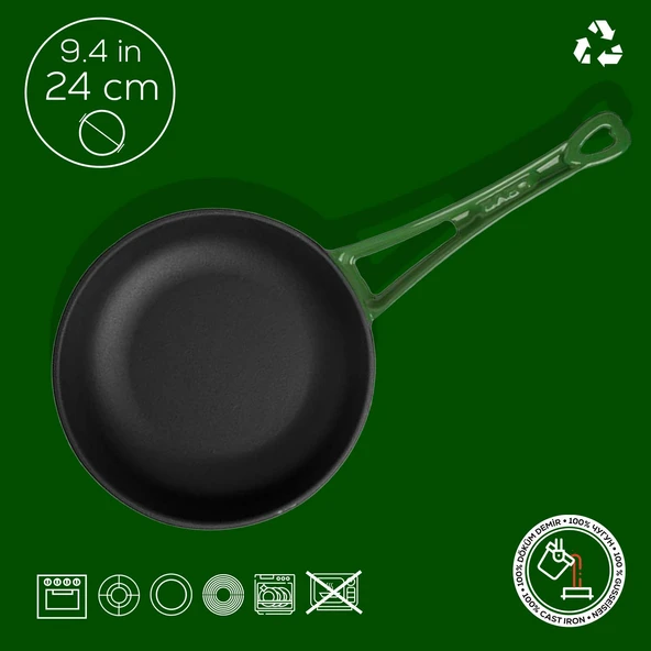 Lava Döküm Yuvarlak Kızartma Tavası Döküm Demir Yekpare Saplı Çap(Ø)24cm.  Yeşil - Resim 4