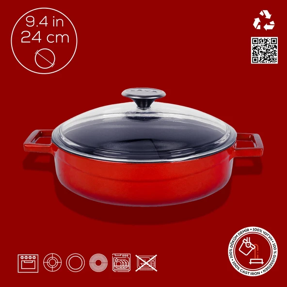 Lava Döküm Çok Amaçlı Yayvan Tencere. Glaze Serisi Çap(Ø)24cm. - Kırmızı  Kırmızı - 4