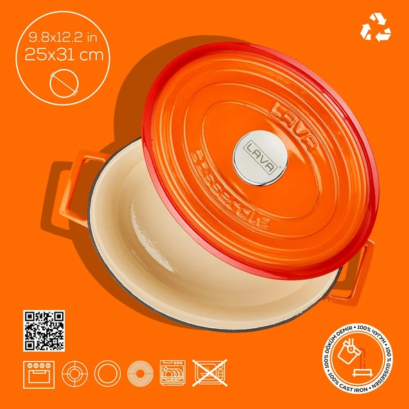 Lava Döküm Oval Tencere. Edition Serisi Ölçü 25x31cm.  Turuncu - Resim 4