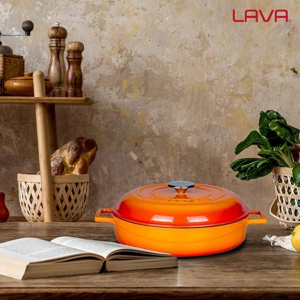 Lava Döküm Çok Amaçlı Yayvan Tencere. Kubbe Form Kapaklı Folk Serisi Çap(Ø)28cm.  Turuncu - Resim 7
