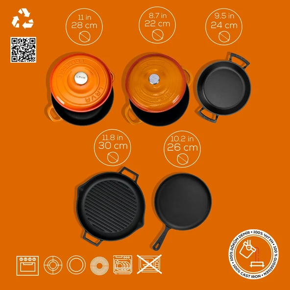 Lava Döküm 5x Trendy Serisi 8 Parça Tencere & Tava Seti  Turuncu - Resim 5