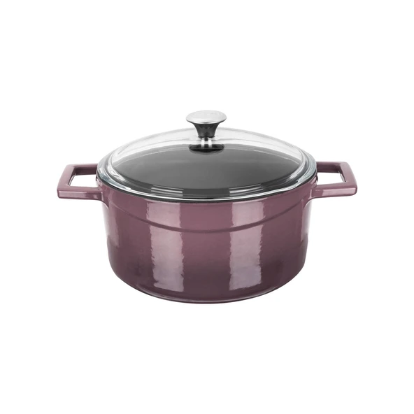 Lava Döküm Yuvarlak Tencere Cam kapaklı. Glaze Çap(Ø)20cm.  Mor ürün görseli 1