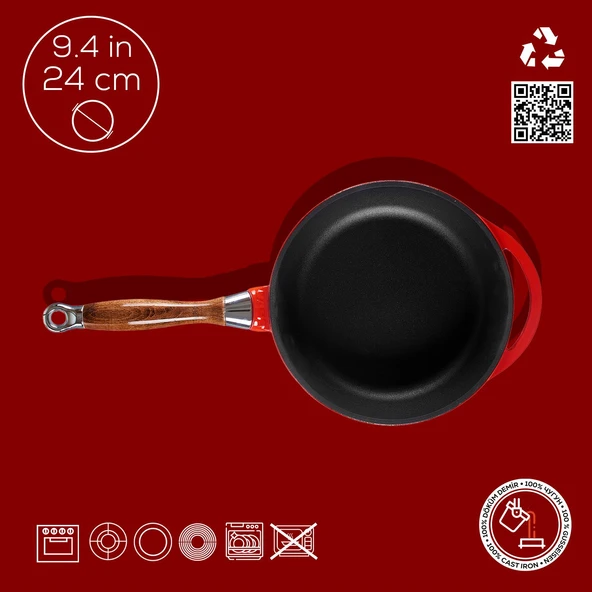 Lava Döküm Yuvarlak Kızartma Tavası Döküm Demir Sök - Tak Ahşap Sap Çap(Ø)24cm Kırmızı - 4