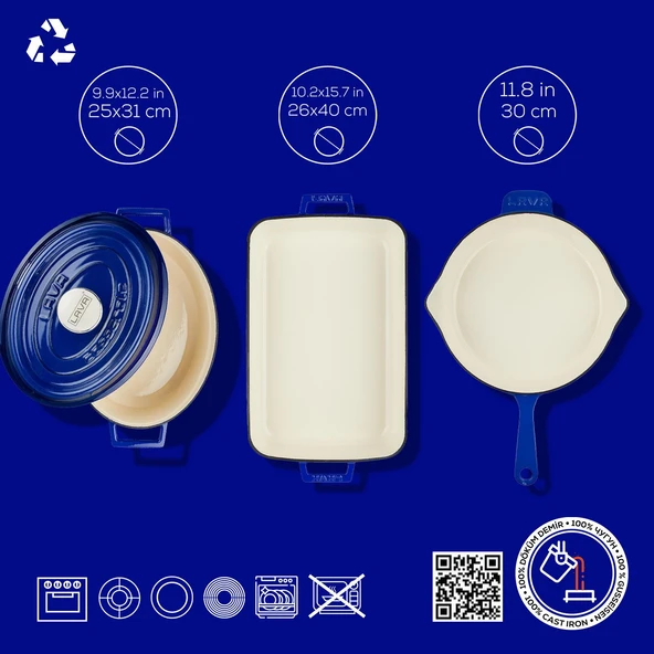 Lava Döküm 3X Edition Serisi Özel Koleksiyon Döküm Demir Tencere & Tava Seti  Mavi - Resim 5