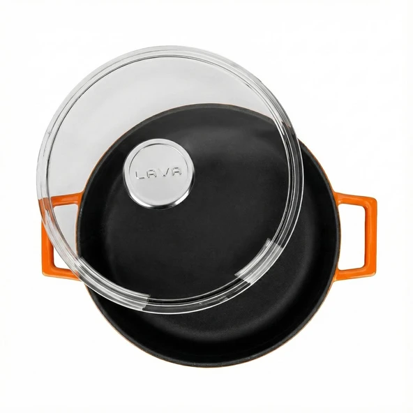 Lava Döküm Çok Amaçlı Yayvan Tencere. Glaze Serisi Çap(Ø)24cm. - Kırmızı  Turuncu - Resim 3