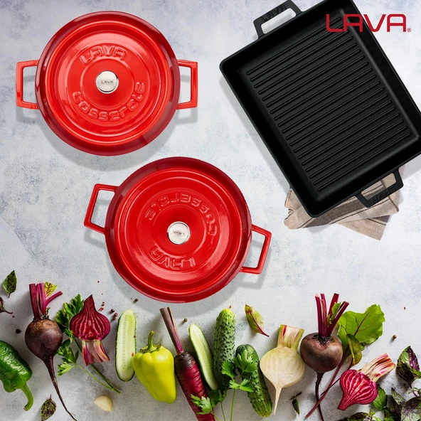 Lava Döküm 6X Trendy Serisi Döküm Demir Tencere Tava Çeyiz Seti  Kırmızı - Resim 8