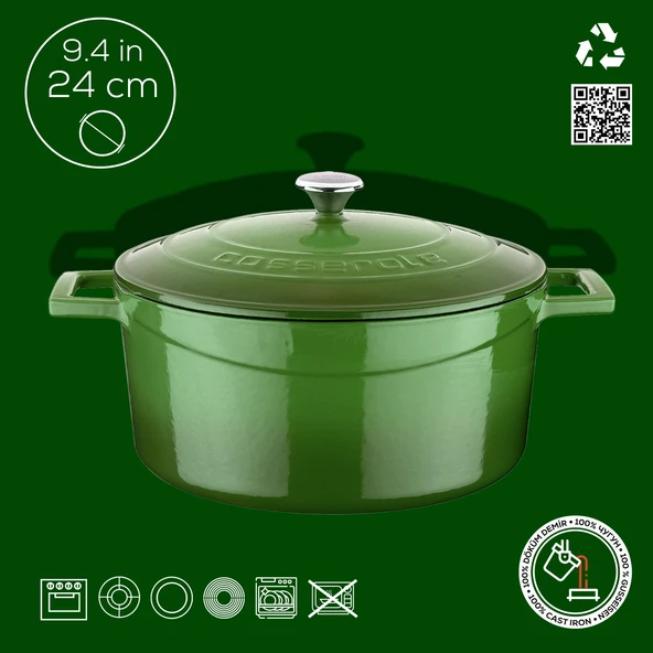 Lava Döküm Yuvarlak Tencere. Folk Çap(Ø)24cm.  Yeşil - Resim 4