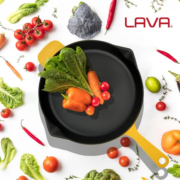 Lava Döküm Yuvarlak Kızartma Tavası Döküm Demir Yekpare Saplı Spring Serisi Çap(Ø)28cm.  Sarı - Resim 7