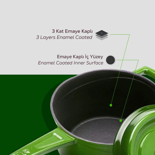 Lava Döküm Yuvarlak Sos Tenceresi. Döküm Demir Yekpare Saplı Trendy Serisi Çap(Ø16 cm.  Yeşil - Resim 6