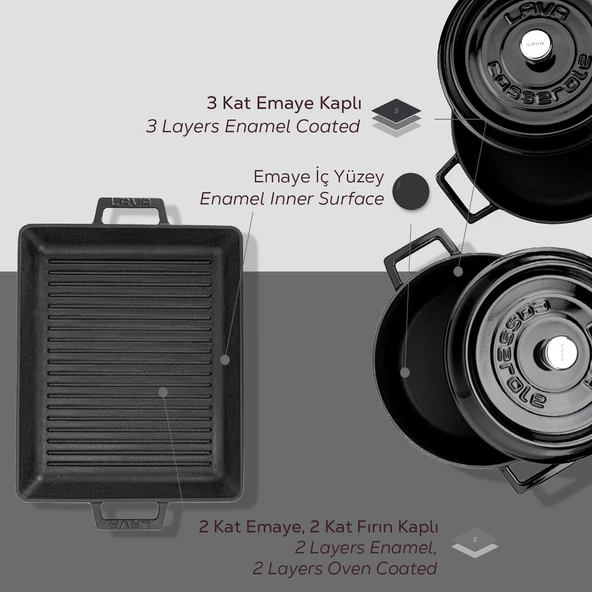 Lava Döküm 6X Trendy Serisi Döküm Demir Tencere Tava Çeyiz Seti  Siyah - Resim 7