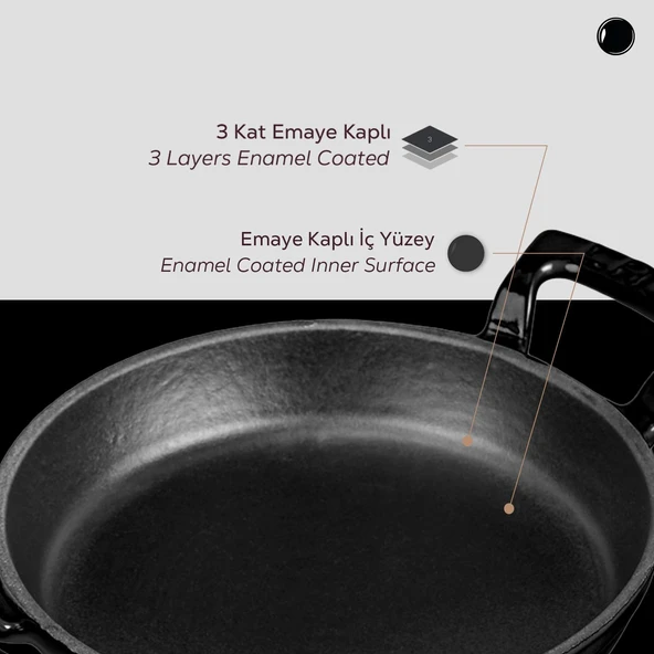 Lava Döküm Yuvarlak Sahan Döküm Demir Yekpare Çift Kulplu Çap(Ø)16cm.  Siyah - Resim 6