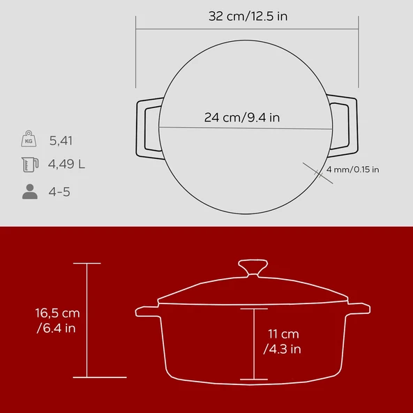 Lava Döküm Yuvarlak Tencere. Folk Çap(Ø)24cm.  Kırmızı - Resim 5