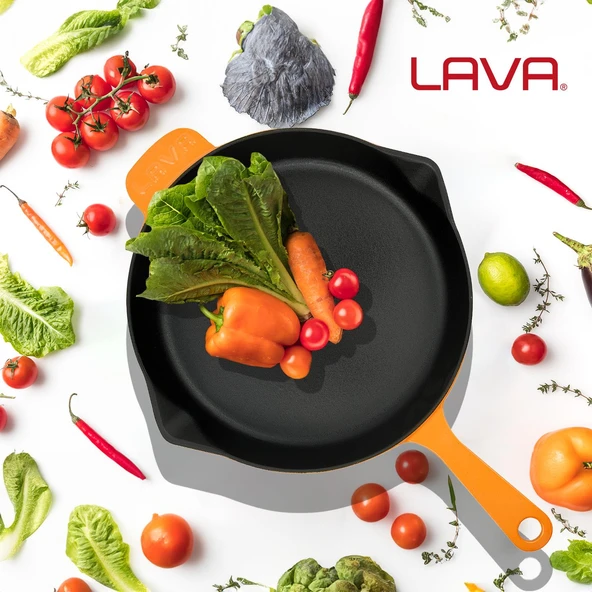 Lava Döküm Yuvarlak Kızartma Tavası Döküm Demir Yekpare Saplı Spring Serisi Çap(Ø)28cm.  Turuncu - Resim 7
