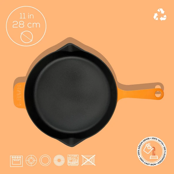 Lava Döküm Yuvarlak Kızartma Tavası Döküm Demir Yekpare Saplı Spring Serisi Çap(Ø)28cm.  Turuncu - Resim 4