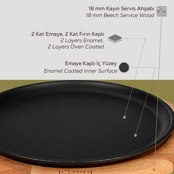 Lava Döküm Yuvarlak Pizza Krep Pankek Tavası Döküm Demir Yekpare Saplı Kayın Servis Ahşabı Çap(Ø)26cm. - Resim 6