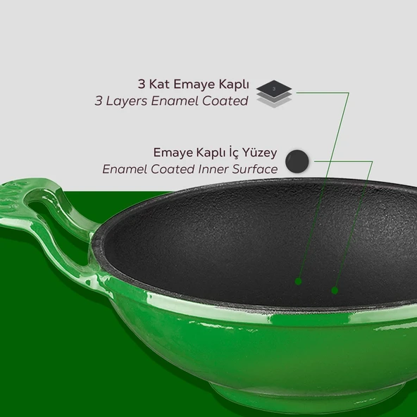 Lava Döküm Mini Wok Yekpare Kulplu Çap(Ø)16cm.  Yeşil - Resim 5