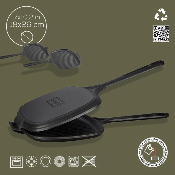 Lava Döküm Dikdörtgen Izgara Tost Makinası Döküm Demir Yekpare Saplı Ölçü 18x26cm. - Resim 5