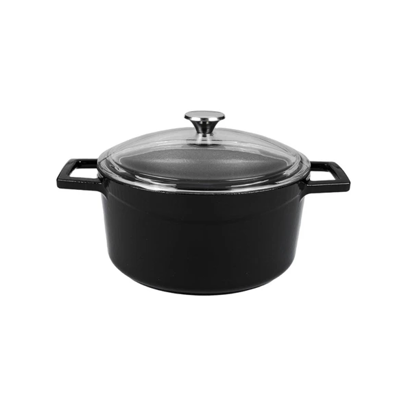 Lava Döküm Yuvarlak Tencere Cam kapaklı. Glaze Çap(Ø)20cm.  Siyah
