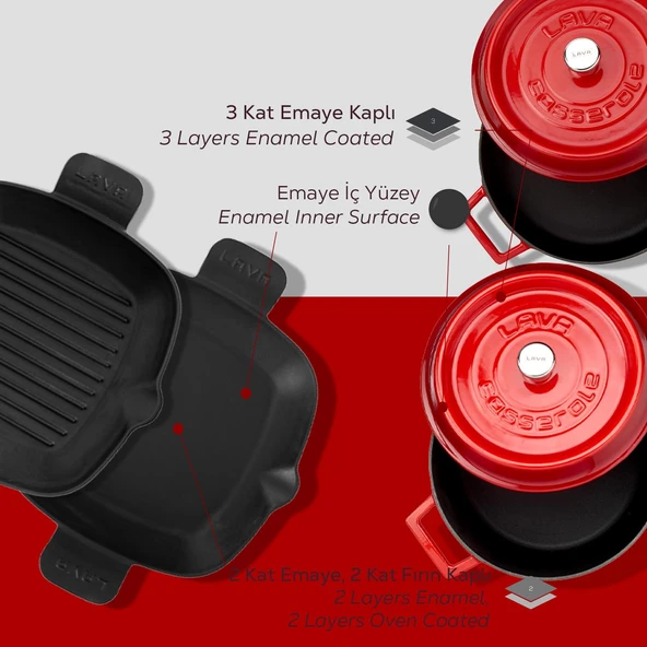 Lava Döküm 5X Trendy Serisi Döküm Demir Tencere Tava Çeyiz Seti  Kırmızı - Resim 4