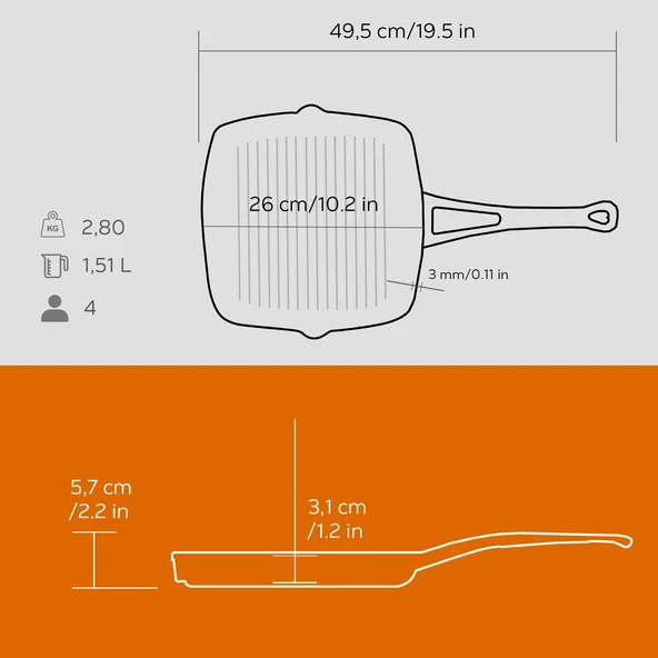 Lava Döküm Kare Izgara Tava Döküm Demir Yekpare Saplı. Ölçü 26x26cm.  Turuncu - Resim 5